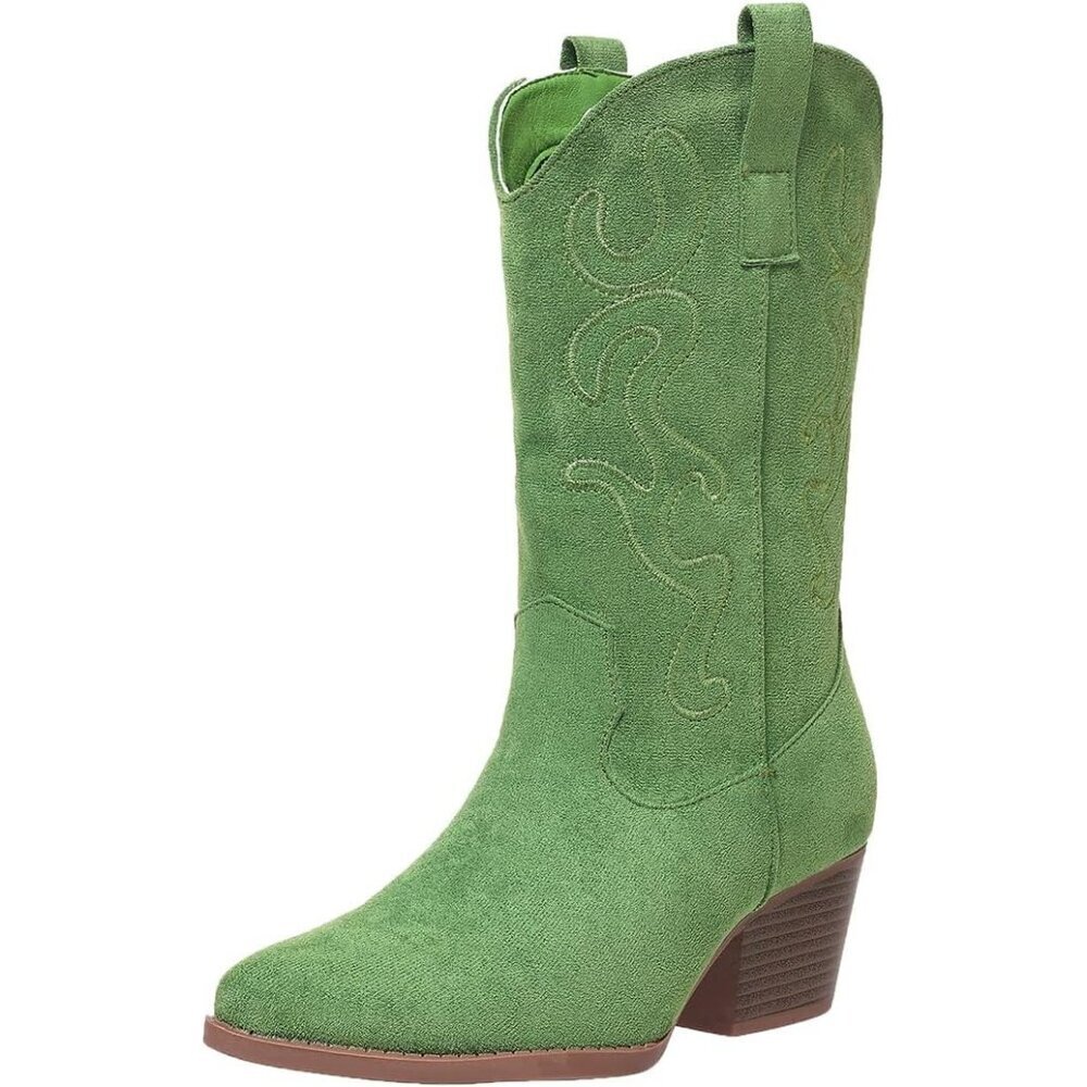 Women's Green Cowgirl Mid Calf Western Embroidery Stitched Chunky Heel Boots